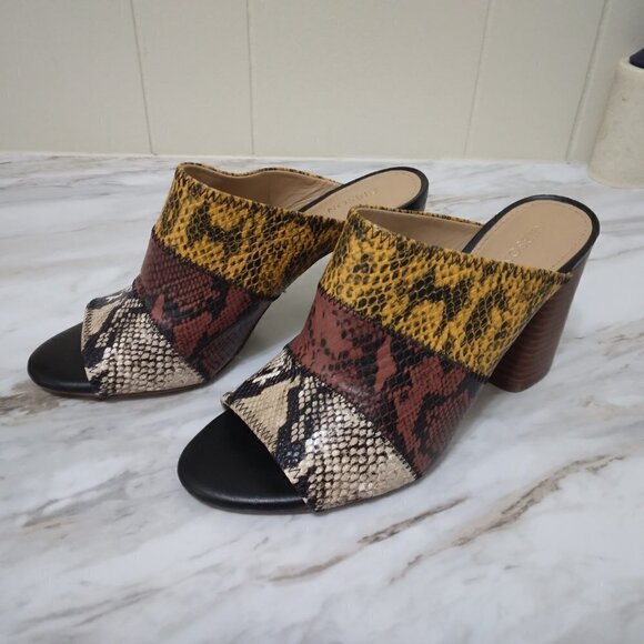 Gibson Latimer | Snakeskin  Leather Chunky Heels Peep Toe Mule Slide | Size 8.5 - Picture 2 of 9